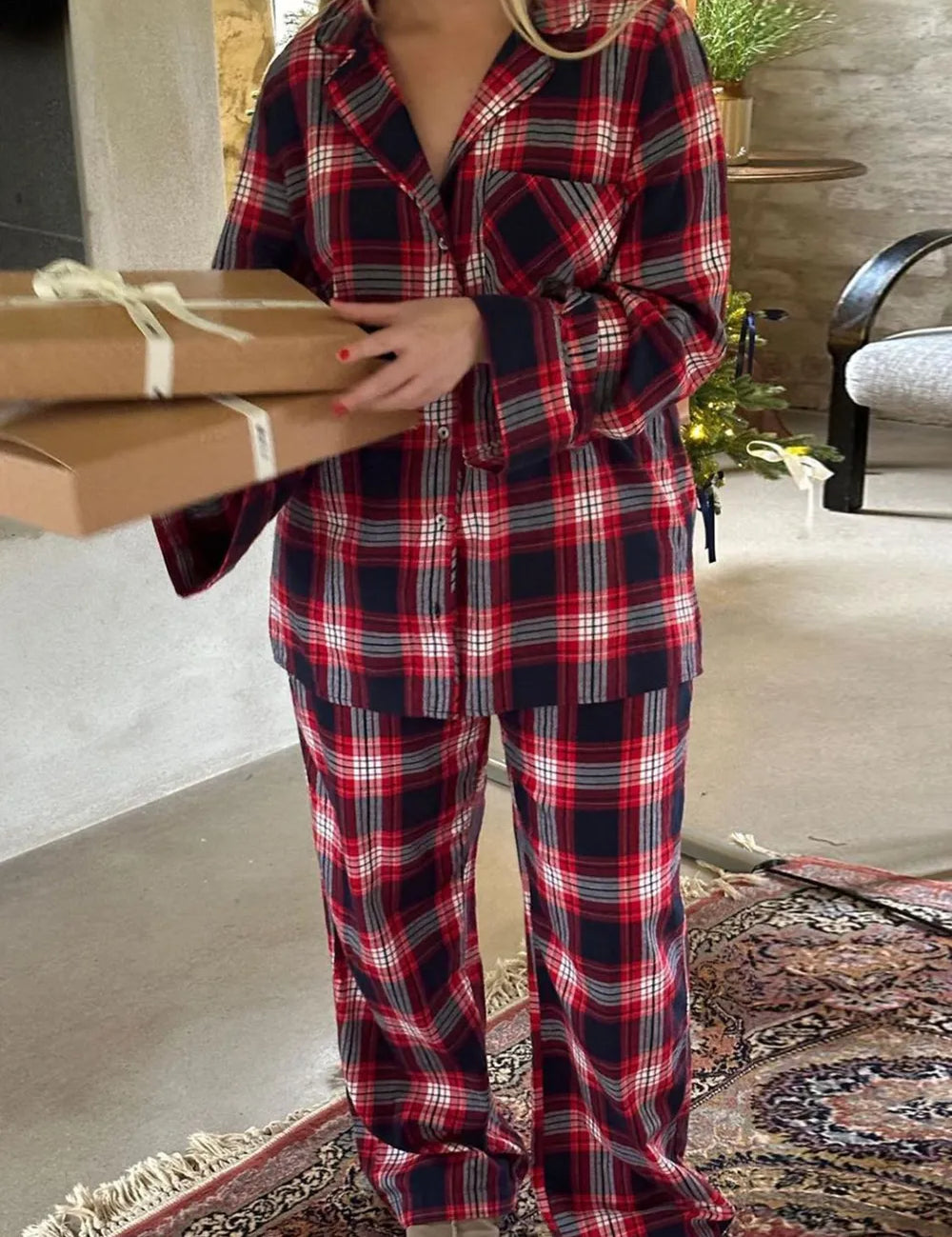 Burgundy Plaid Collared Neck Button Up Top and Pants Lounge Set | Loungewear Sets Daverri Fashions