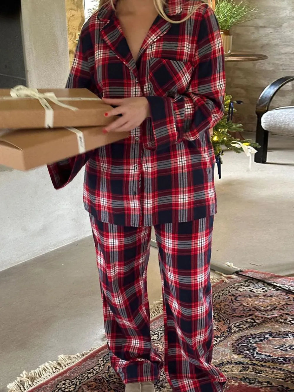 Burgundy Plaid Collared Neck Button Up Top and Pants Lounge Set | Loungewear Sets Daverri Fashions