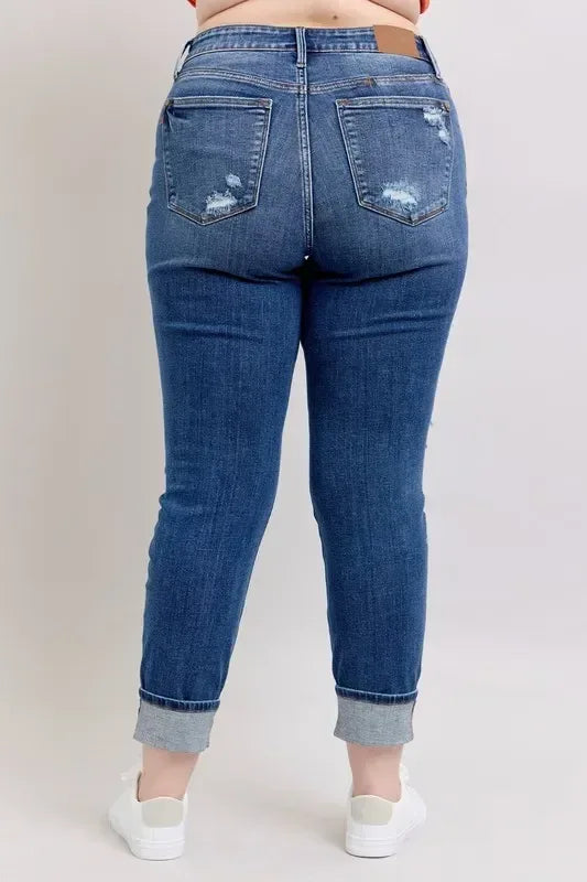 Judy Blue Full Size Mid Rise Boyfriend destroy Jeans with Yoke Pockets and Faux Selvedge Cuff Plus Size - DAVERRI FASHIONS