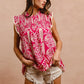 BiBi Printed Pink Ruffle Sleeve Top with intricate white pattern