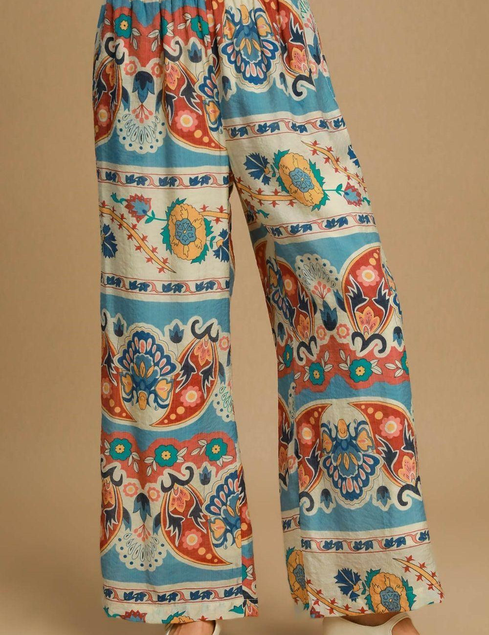BLUE MIX Umgee Full Size Wide Leg Border Print Pants Plus Size | Pants Daverri Fashions