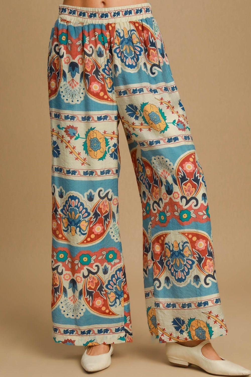 Umgee Full Size Wide Leg Border Print Pants Plus Size BLUE MIX Pants