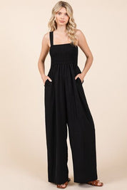 Mittoshop Smocked Wide Strap Wide Leg Overalls Black Overalls