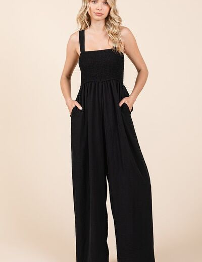 Mittoshop Smocked Wide Strap Wide Leg Overalls Black Overalls