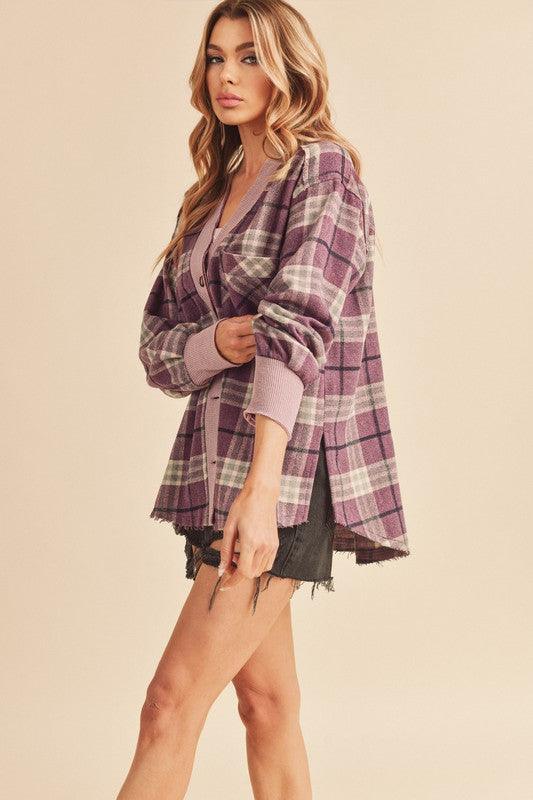 Aemi + Co Side Slit Patch Pocket Plaid Button Down Jacket - DAVERRI FASHIONS