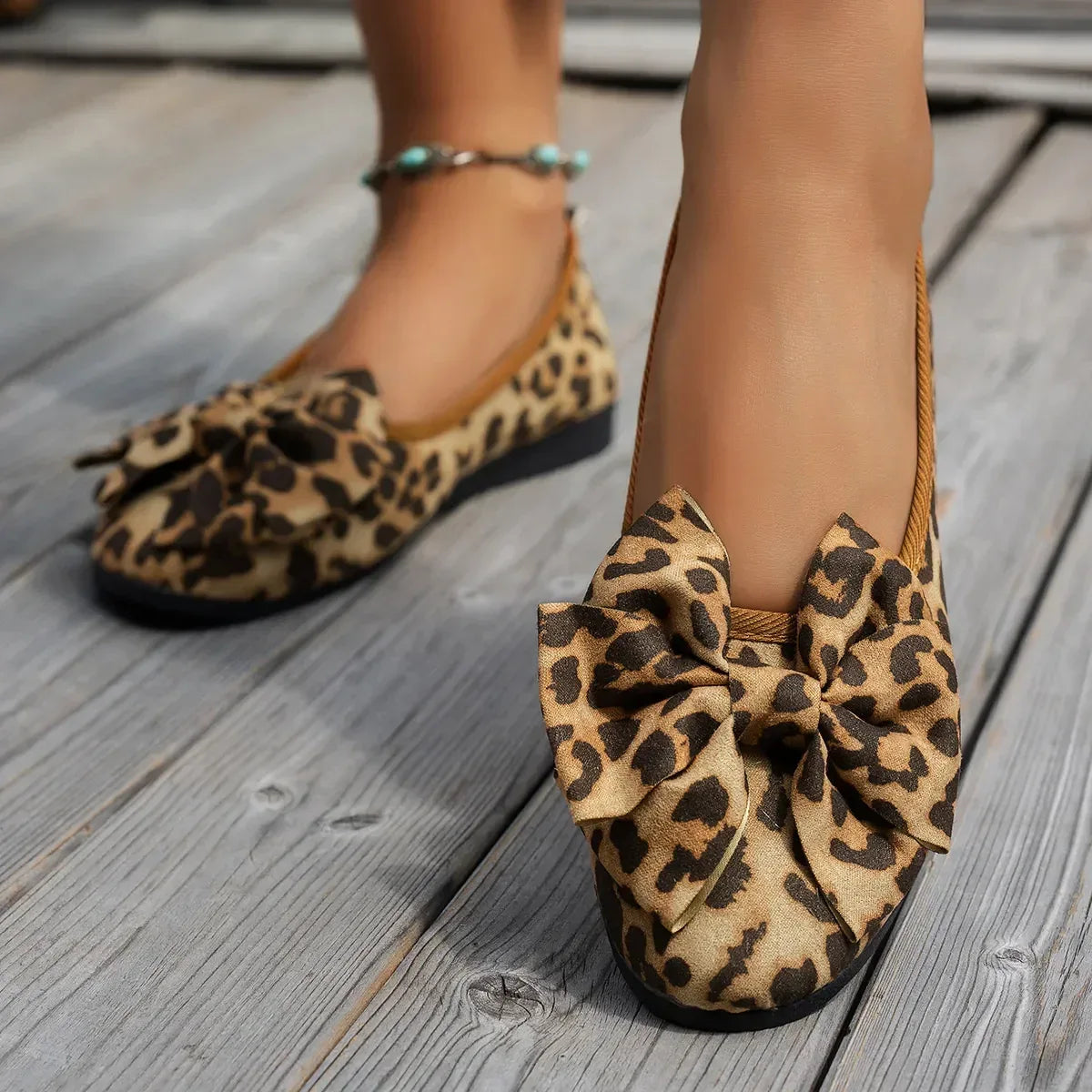 Leopard Bow Flat Slip-Ons - DAVERRI FASHIONS