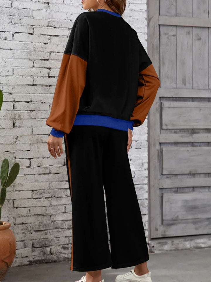 Color Block Round Neck Top and Pants Set | Loungewear Sets Daverri Fashions