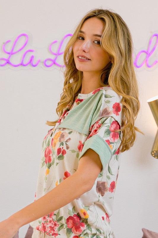 BiBi Floral Button Detail Round Neck Short Sleeve Terry T-Shirt - DAVERRI FASHIONS
