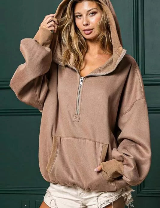 MOCHA BiBi Stitch Detailed Elastic Hem Half Zip Fleece Hoodie Mocha | Hoodies Daverri Fashions
