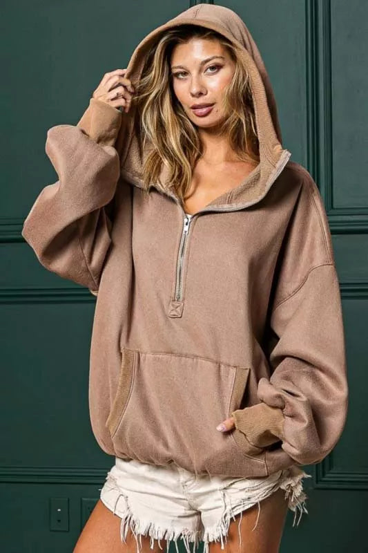 MOCHA BiBi Stitch Detailed Elastic Hem Half Zip Fleece Hoodie Mocha | Hoodies Daverri Fashions