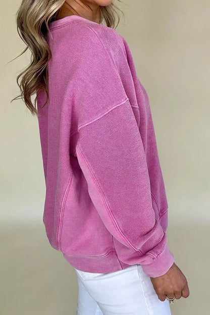 Notched Drop Shoulder Long Sleeve Sweatshirt - DAVERRI FASHIONS