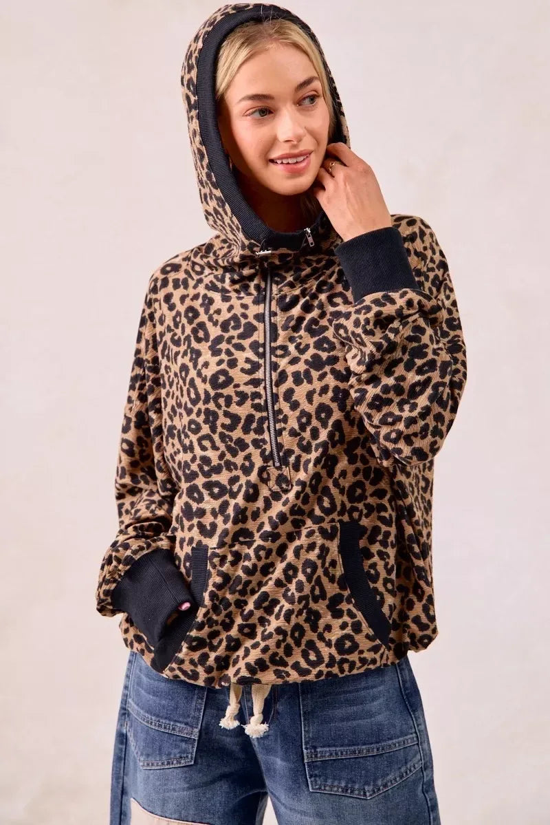 BiBi Leopard Print Waffle Half Zip Up Hoodie W Pocket - DAVERRI FASHIONS