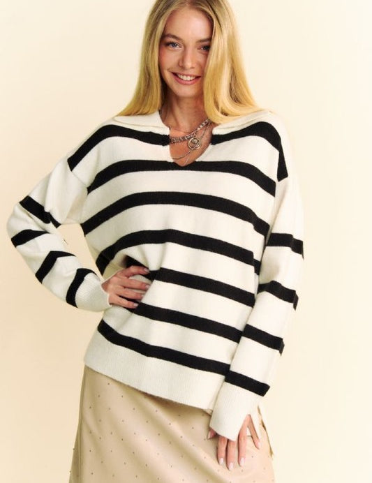 Davi & Dani High-Low Side Slit Striped Johnny Collar Sweater White Tops