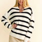 Davi & Dani black and white striped high-low side slit johnny collar sweater