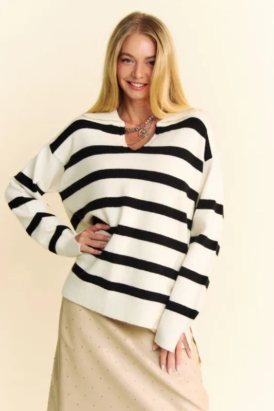 Davi & Dani black and white striped high-low side slit johnny collar sweater