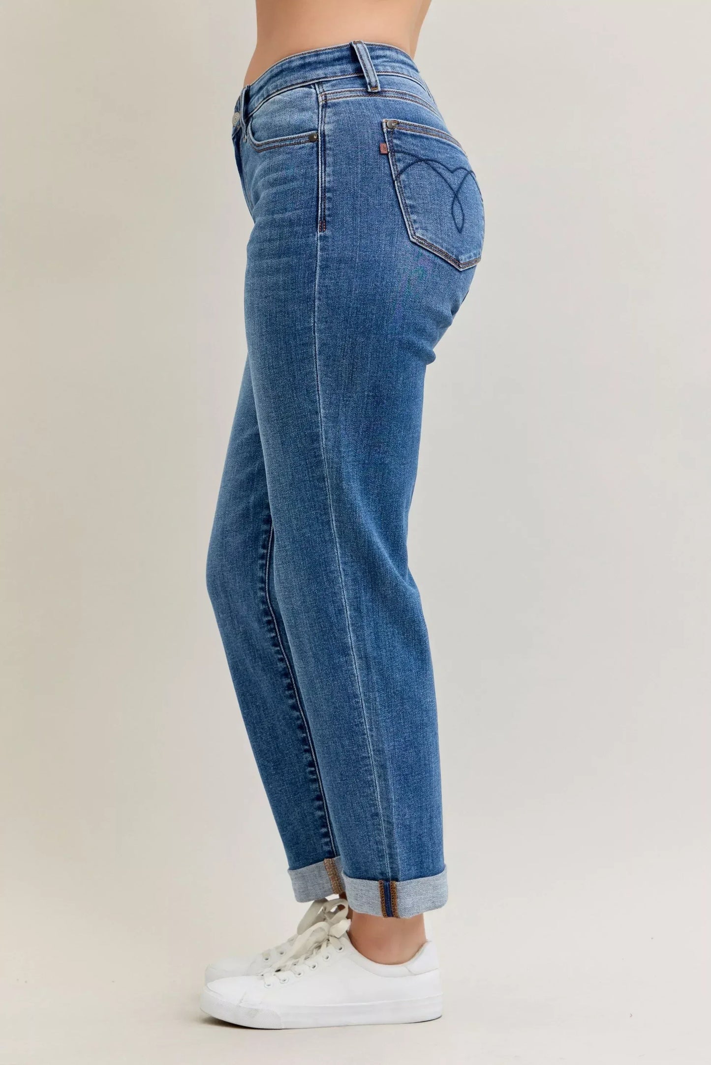 Judy Blue Full Size Mid Rise BF Classic Cuffed Jeans Plus Size - DAVERRI FASHIONS