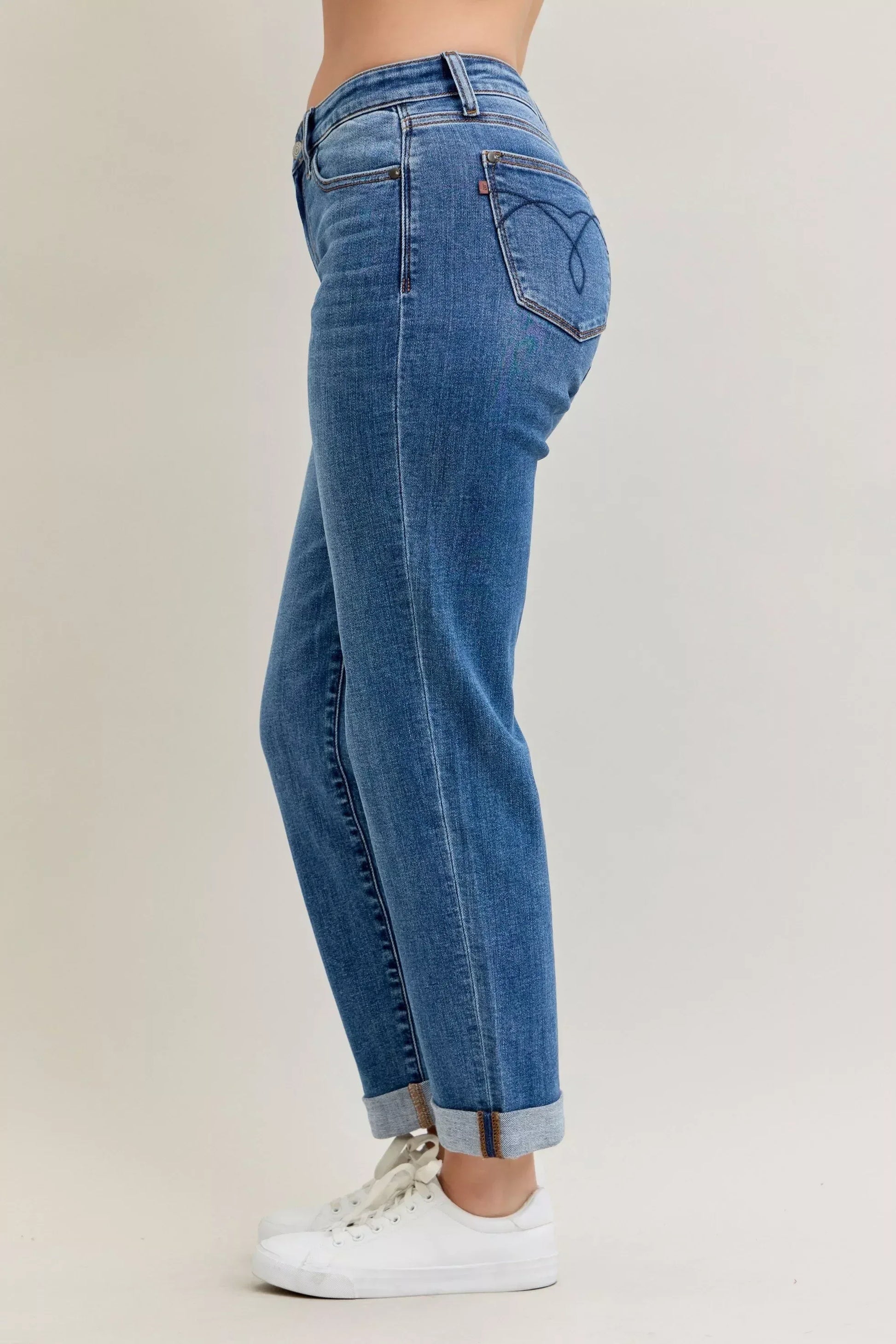 Judy Blue Full Size Mid Rise BF Classic Cuffed Jeans Plus Size - DAVERRI FASHIONS
