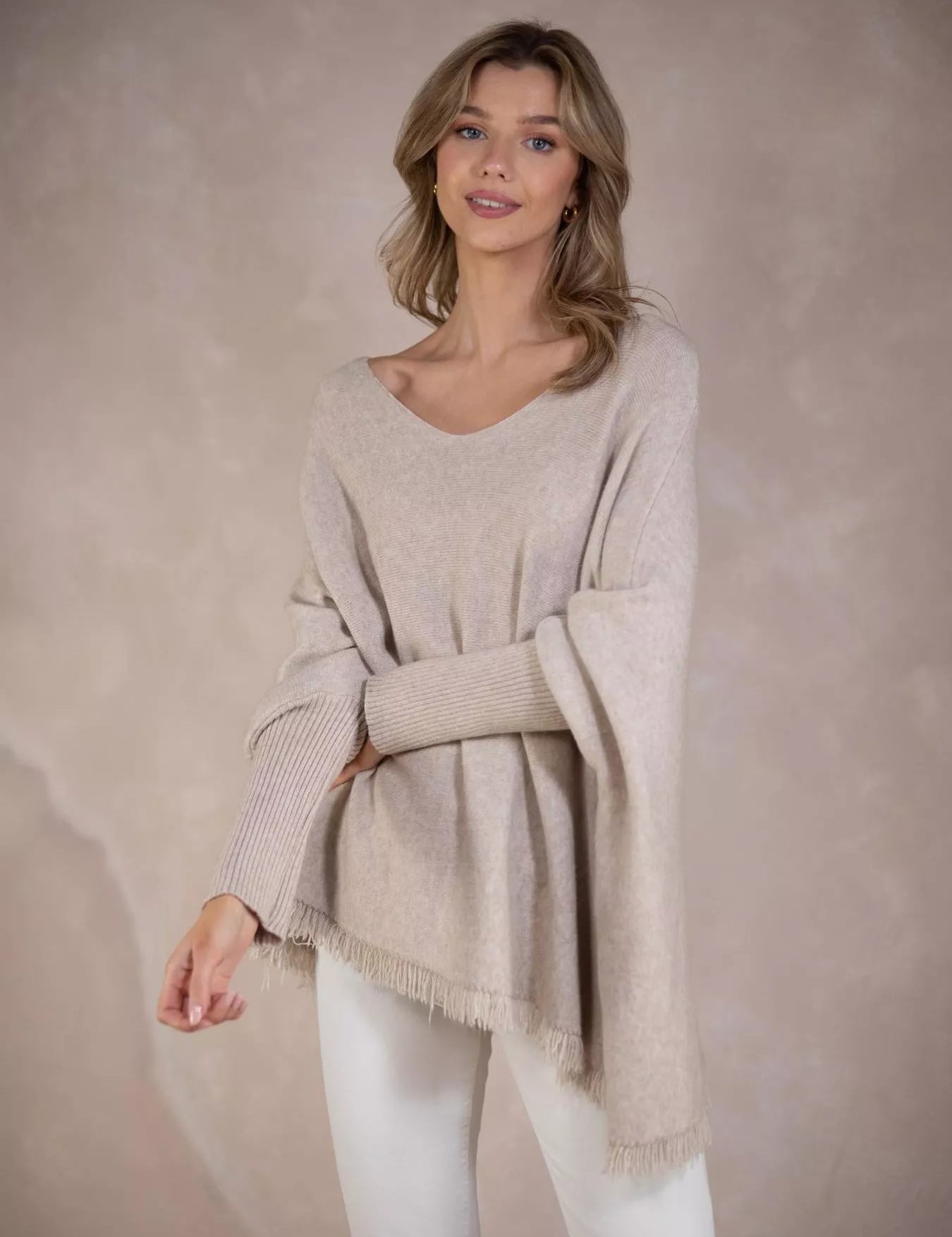 Apricot One Size Raw Hem V-Neck Sweater | Sweaters Daverri Fashions