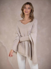 Apricot One Size Raw Hem V-Neck Sweater | Sweaters Daverri Fashions