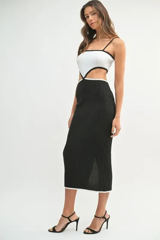 MABLE Black Ribbed Knit Color Block Cutout Midi Dress - DAVERRI FASHIONS