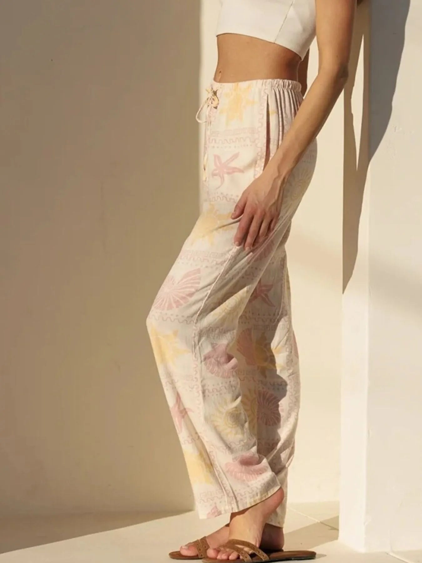Beige and pink starfish printed drawstring straight pants