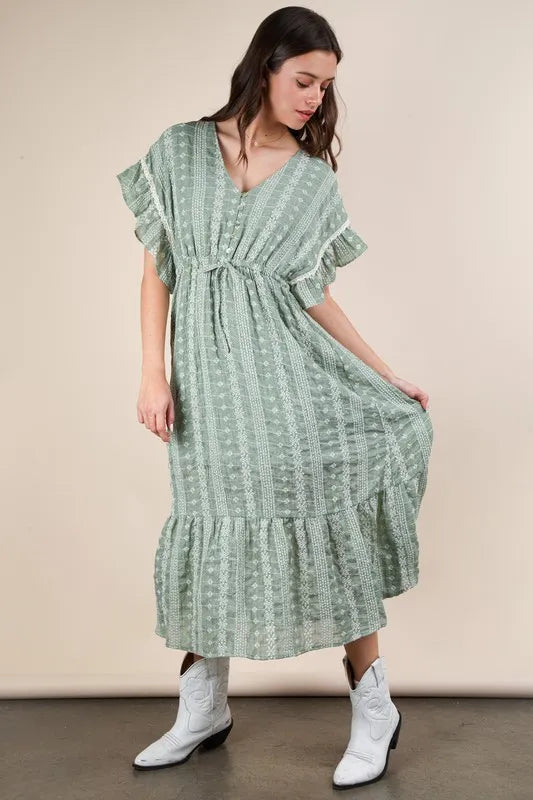 VERY J sage green embroidered boho ruffled midi dress