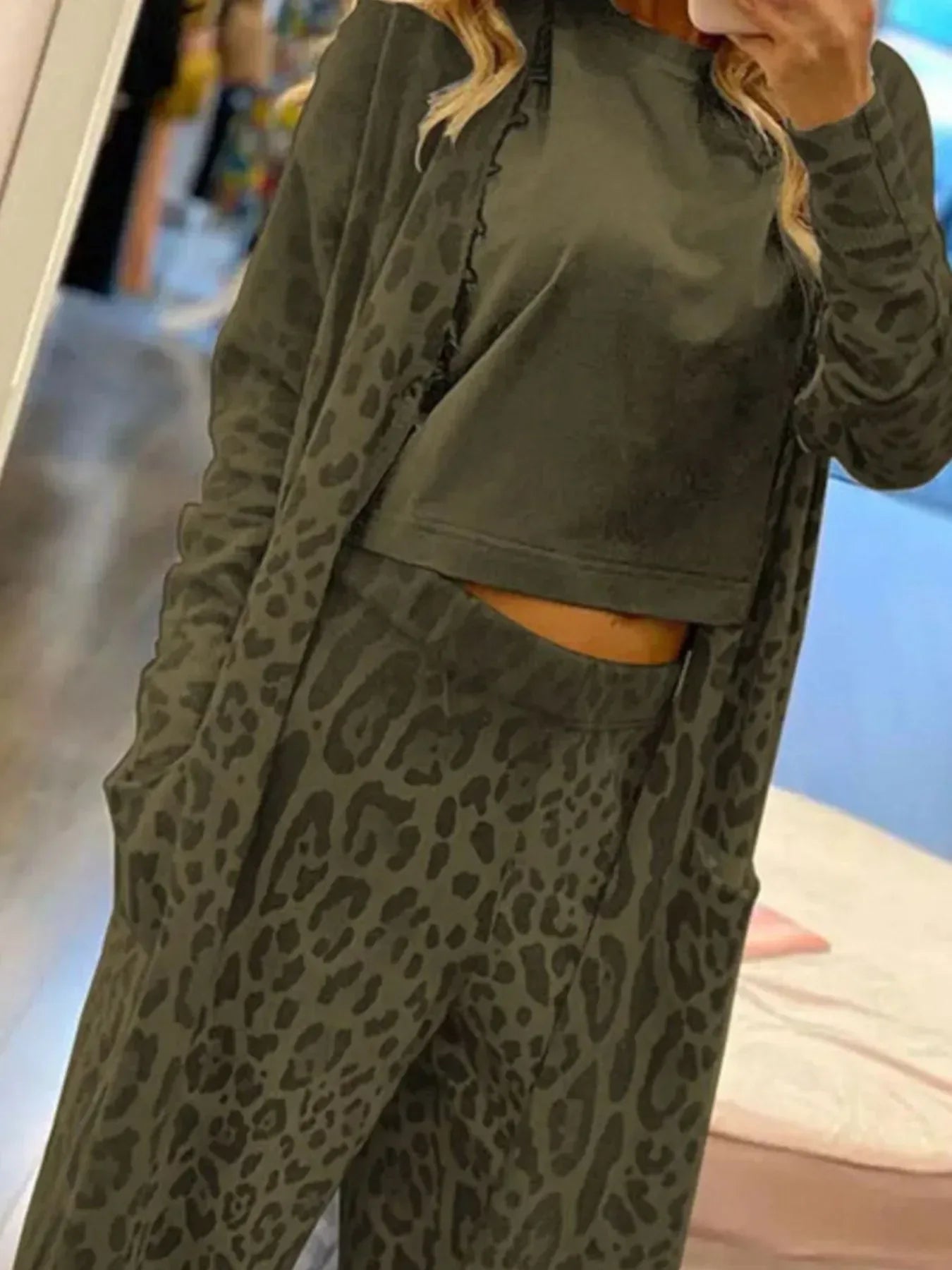 Daverri Fashions Long Sleeve Leopard Print Longline Top and Pants Set - DAVERRI FASHIONS