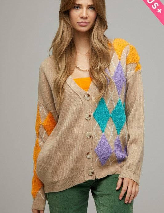 Plus size button-down cardigan TAUPE MULTI Cardigans