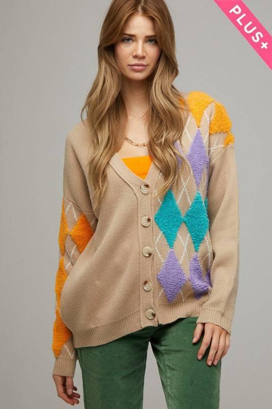 Plus size button-down cardigan TAUPE MULTI Cardigans