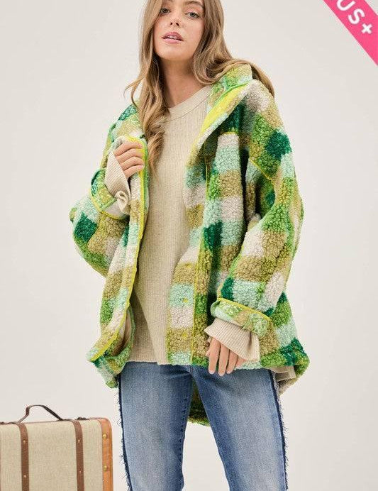 Plus Kelly Green Plaid Hooded Jacket Coats & Jackets