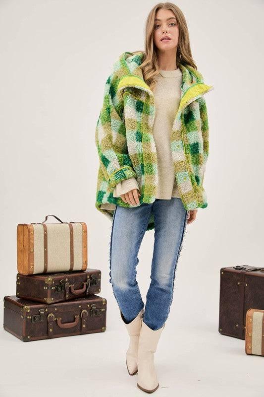 Plus Kelly Green Plaid Hooded Jacket Coats & Jackets