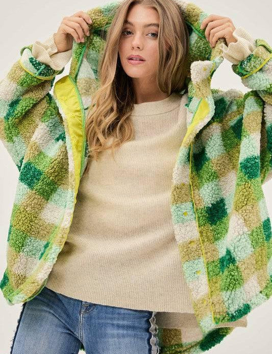 Plus Kelly Green Plaid Hooded Jacket Coats & Jackets