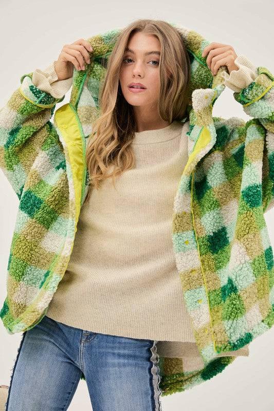 Plus Kelly Green Plaid Hooded Jacket Coats & Jackets