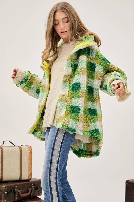 Plus Kelly Green Plaid Hooded Jacket Coats & Jackets