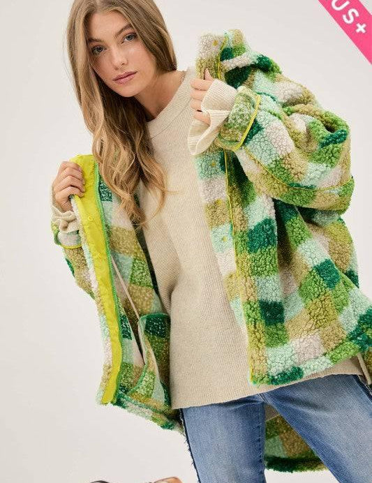 Plus Kelly Green Plaid Hooded Jacket Kelly Green Coats & Jackets