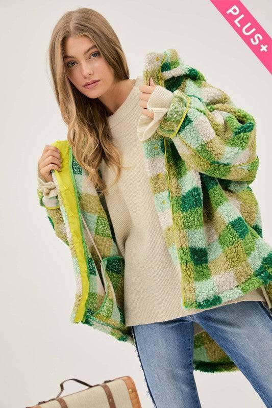 Plus Kelly Green Plaid Hooded Jacket Kelly Green Coats & Jackets