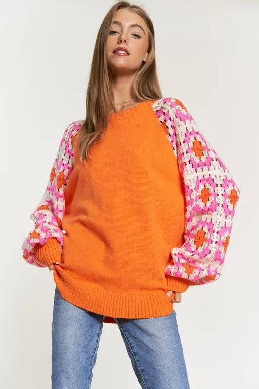 Crochet knit long sleeved sweater Orange Sweaters