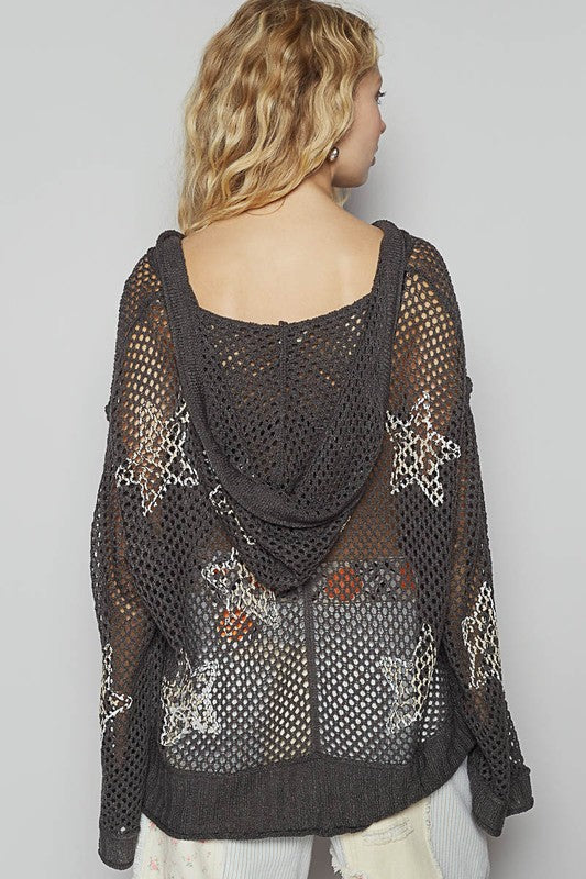 POL Star Openwork Long Sleeve Hooded Knit Cover Up Cover-Ups