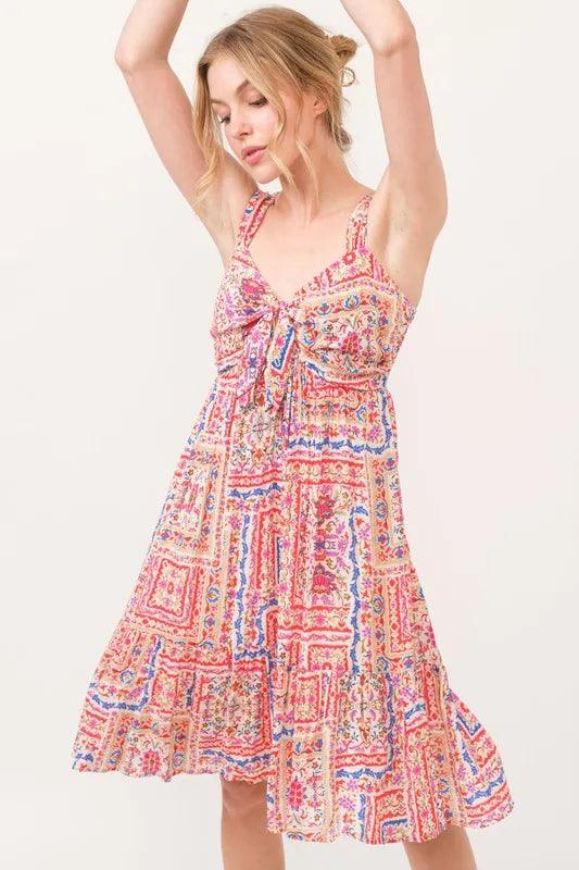 And The Why Tied Front Smocked Back Tiered Boho Printed Dress | Knee Length Dresses Daverri Fashions