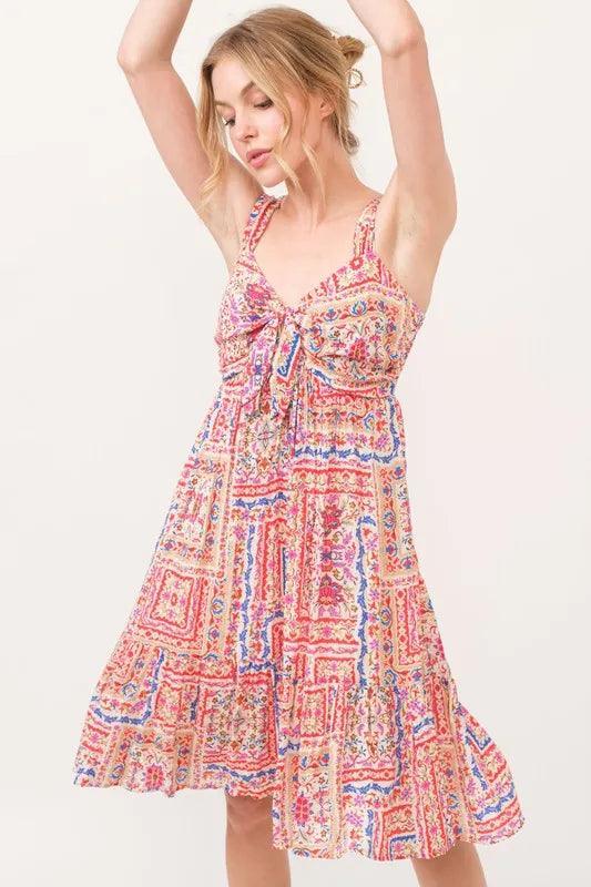 And The Why Tied Front Smocked Back Tiered Boho Printed Dress - DAVERRI FASHIONS