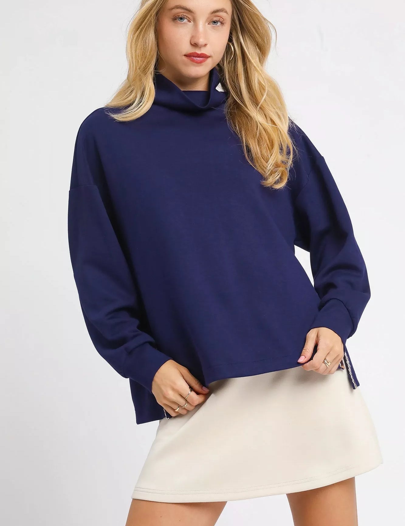 Navy Umgee Turtle Neck Dolman Sleeve Side Slit Sweater with Contrast Detail | Sweaters Daverri Fashions