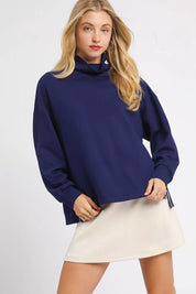 Navy Umgee Turtle Neck Dolman Sleeve Side Slit Sweater with Contrast Detail | Sweaters Daverri Fashions