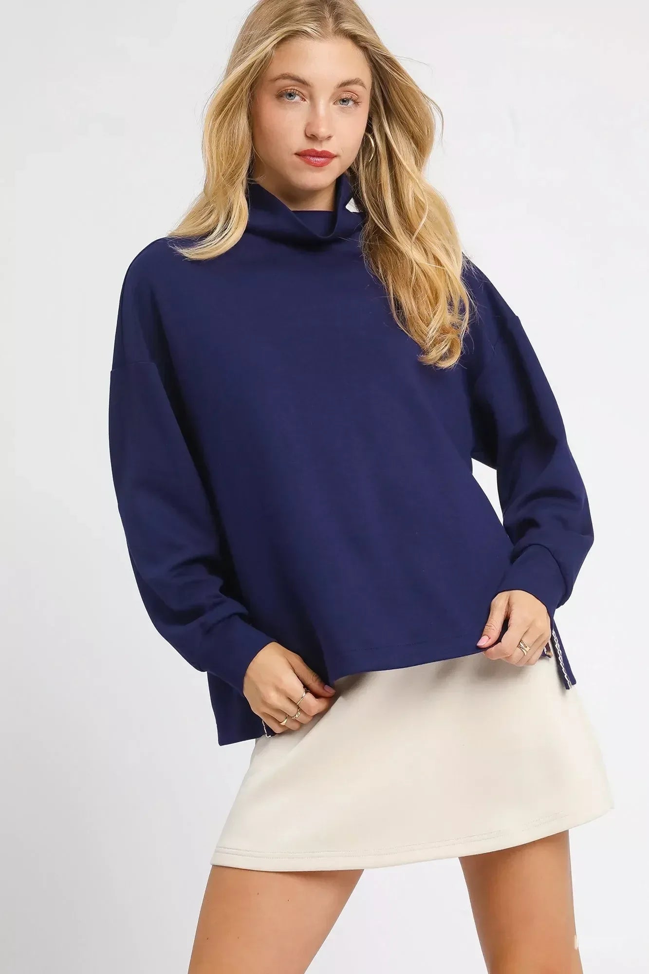 Umgee Turtle Neck Dolman Sleeve Side Slit Sweater with Contrast Detail - DAVERRI FASHIONS