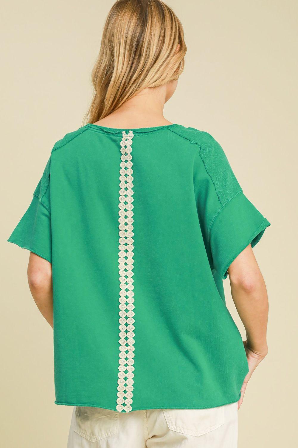 Umgee Full Size Mineral Wash T-Shirt with Lace Applique Plus Size T-Shirts