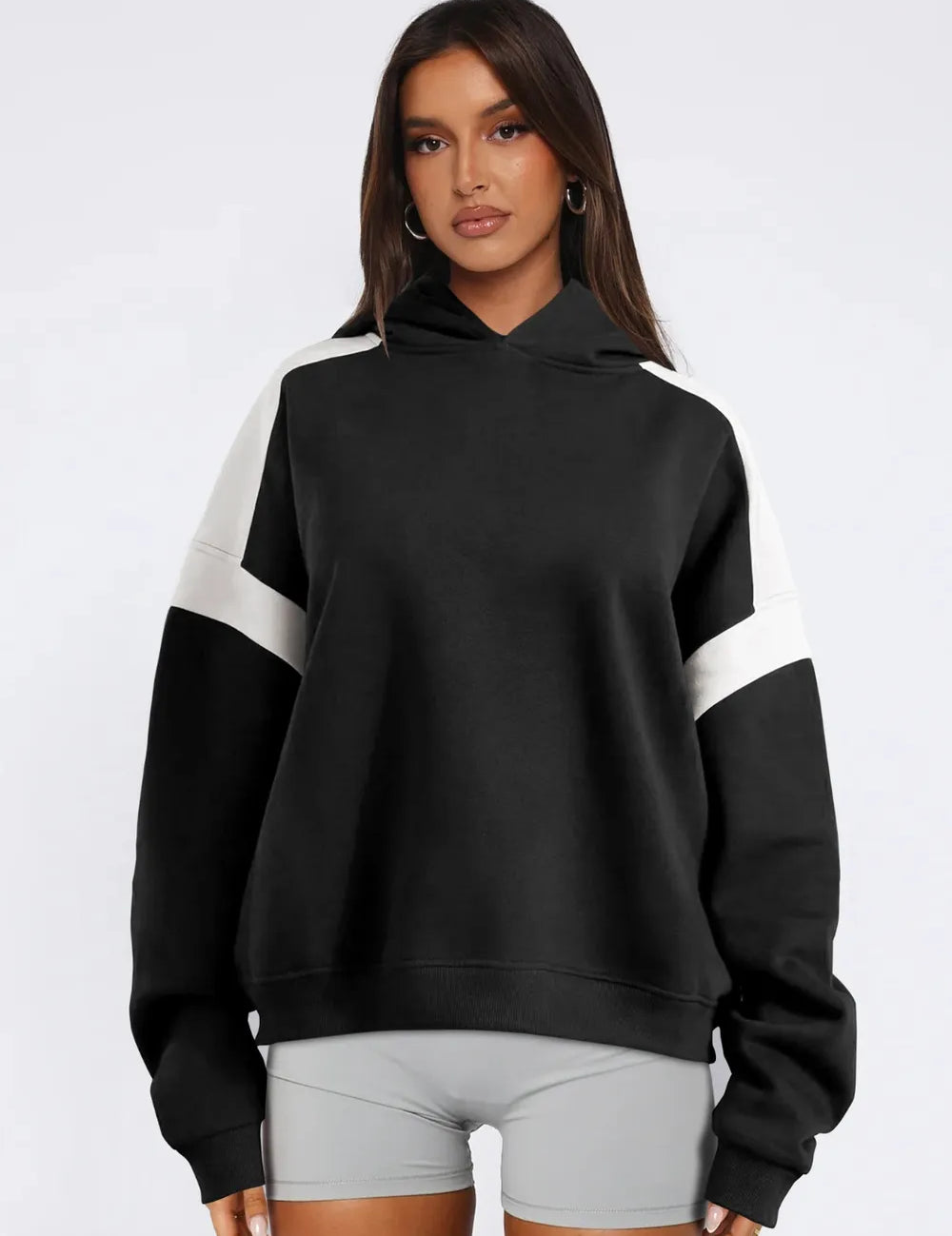 Black Contrast Dropped Shoulder Long Sleeve Hoodie | Sweatshirts Daverri Fashions