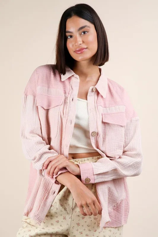 VERY J Mineral Washed Oversized Gauze Shacket Shackets