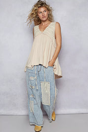 POL Lace Trim Babydoll Sleeveless Top with Ruffled and Raw Edge Detail | Tops Daverri Fashions