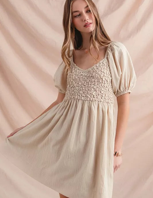 SO ME Textured Woven Daily Dress with Puff Sleeves | Mini Dresses Daverri Fashions