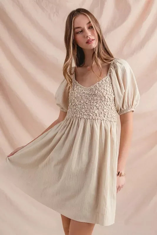 SO ME Textured Woven Daily Dress with Puff Sleeves - DAVERRI FASHIONS