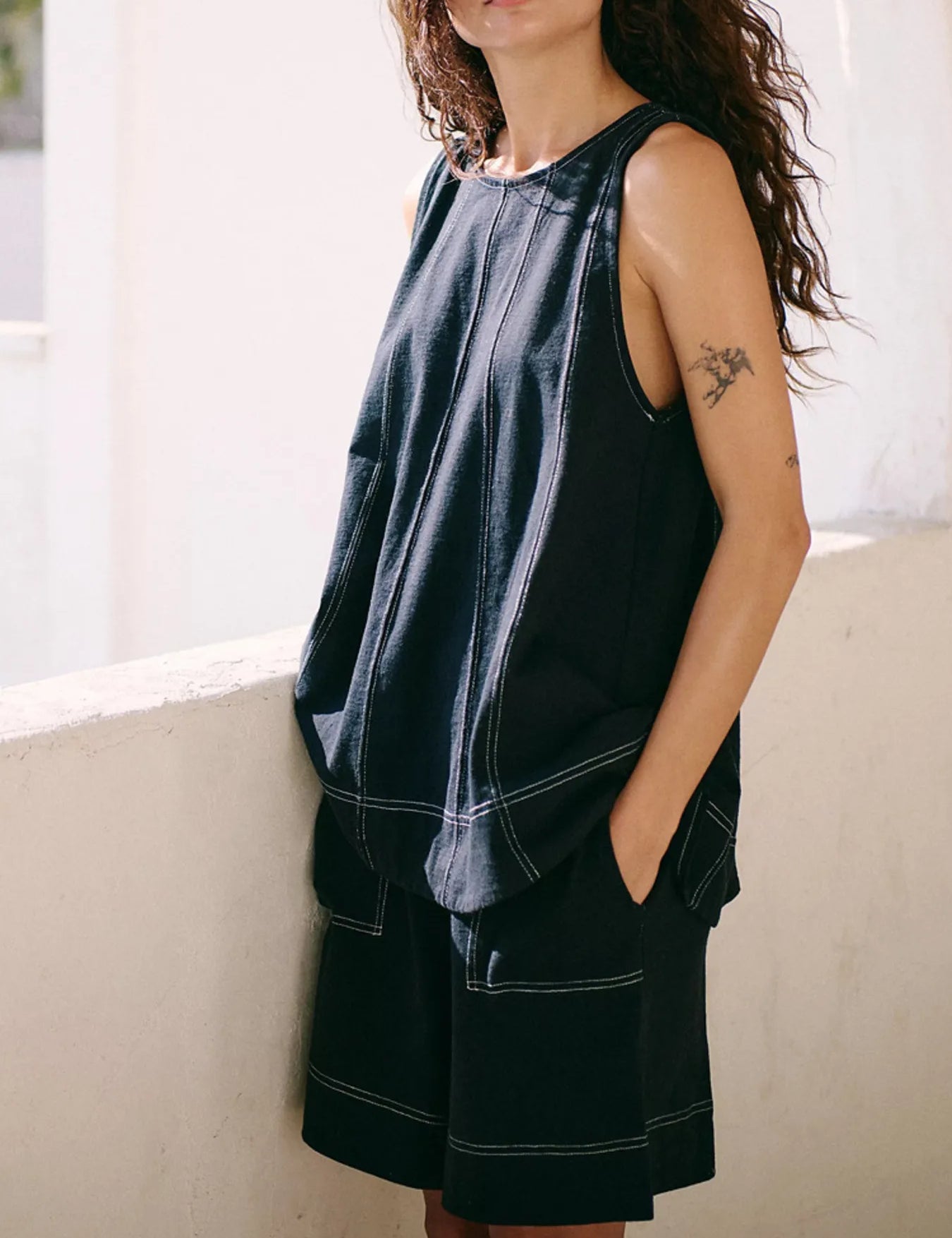 Casual Contrast Stitch Denim Tank Top and Shorts Set | Outfit Sets Daverri Fashions